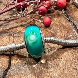 HTF Authentic Pandora Murano Flowers For You Teal Charm Glass Bead Spring Floral